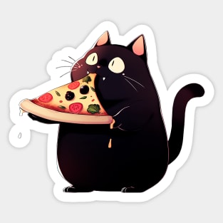 Black fat cat eats pizza Sticker